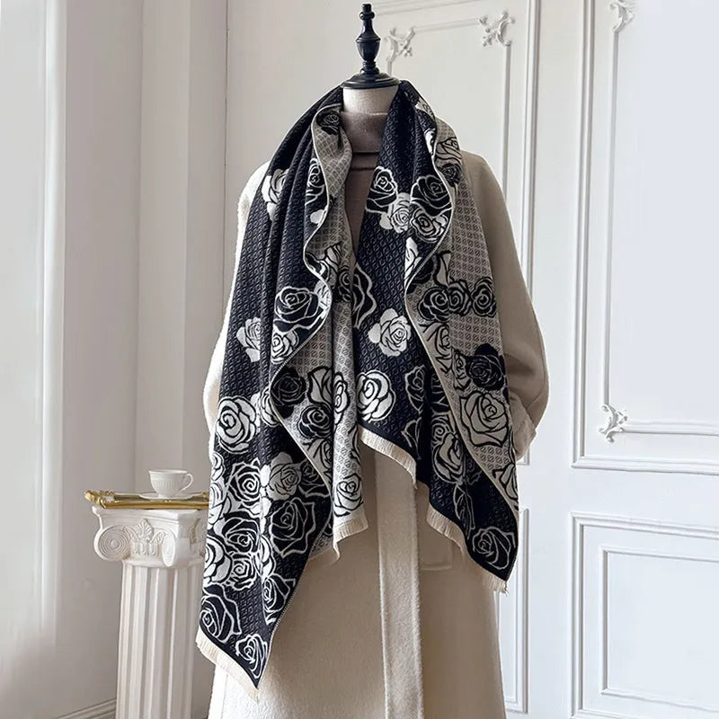 Imitation cashmere winter scarf with tassels in black blue grey or khaki colours