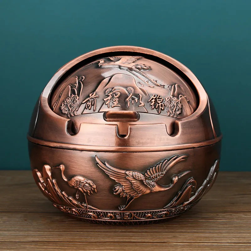 Solid alloy decorative ashtray with smoke extinguishing slot in bronze or red copper finish