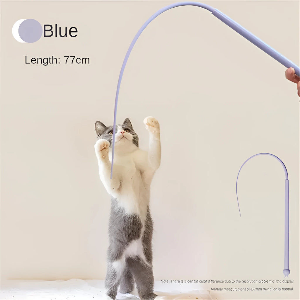 Blue cat teaser stick with long silicone tail and cat head design handle on a plain background.