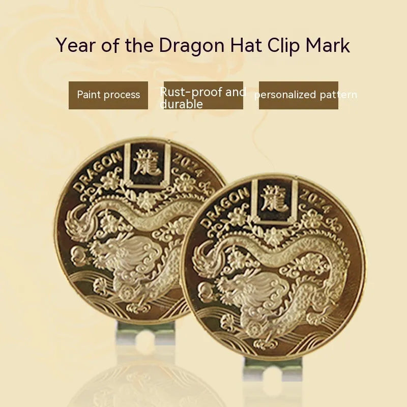 Zinc alloy golf hat clip showing engraved Dragon Year and other personalised pattern designs.