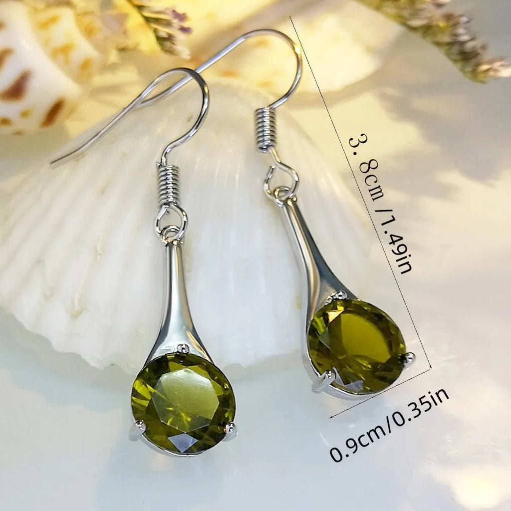 Olive green topaz water drop shaped earrings with retro style and electroplated alloy construction