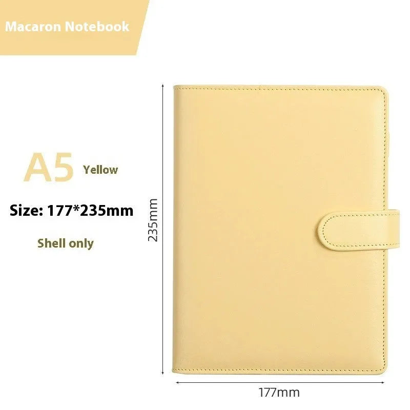 A5 PU leather zipper notebook shell in multiple solid colours, showing closed and open views.