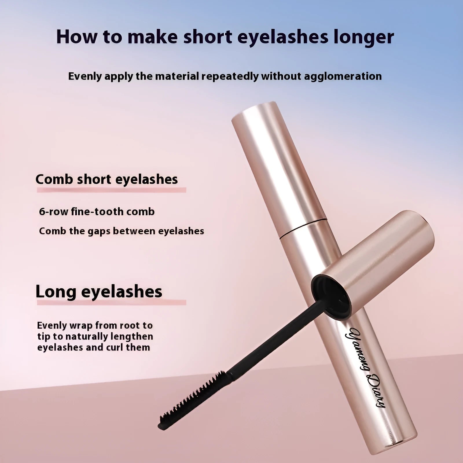 Long curling and long-lasting mascara tube in black or brown shade with applicator wand.