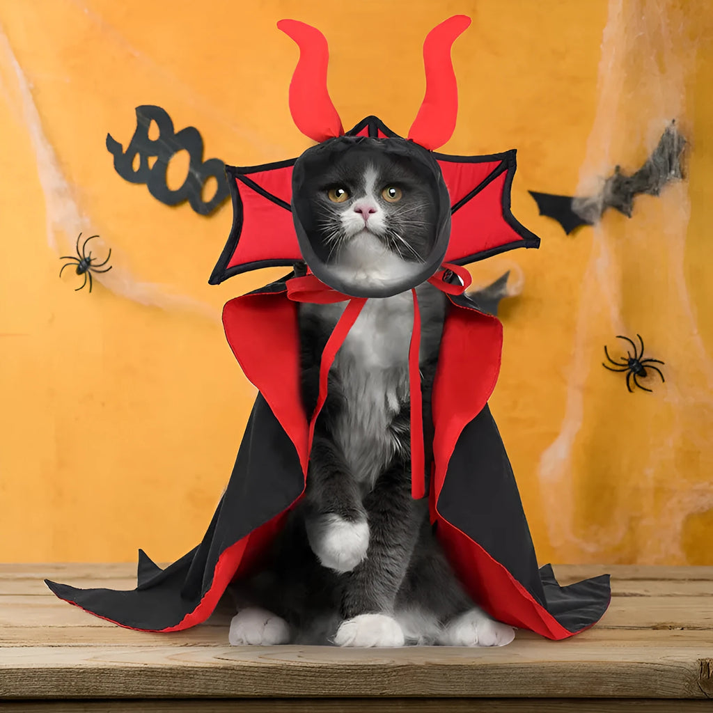 Black polyester vampire cloak and matching hat for a pet Halloween costume.