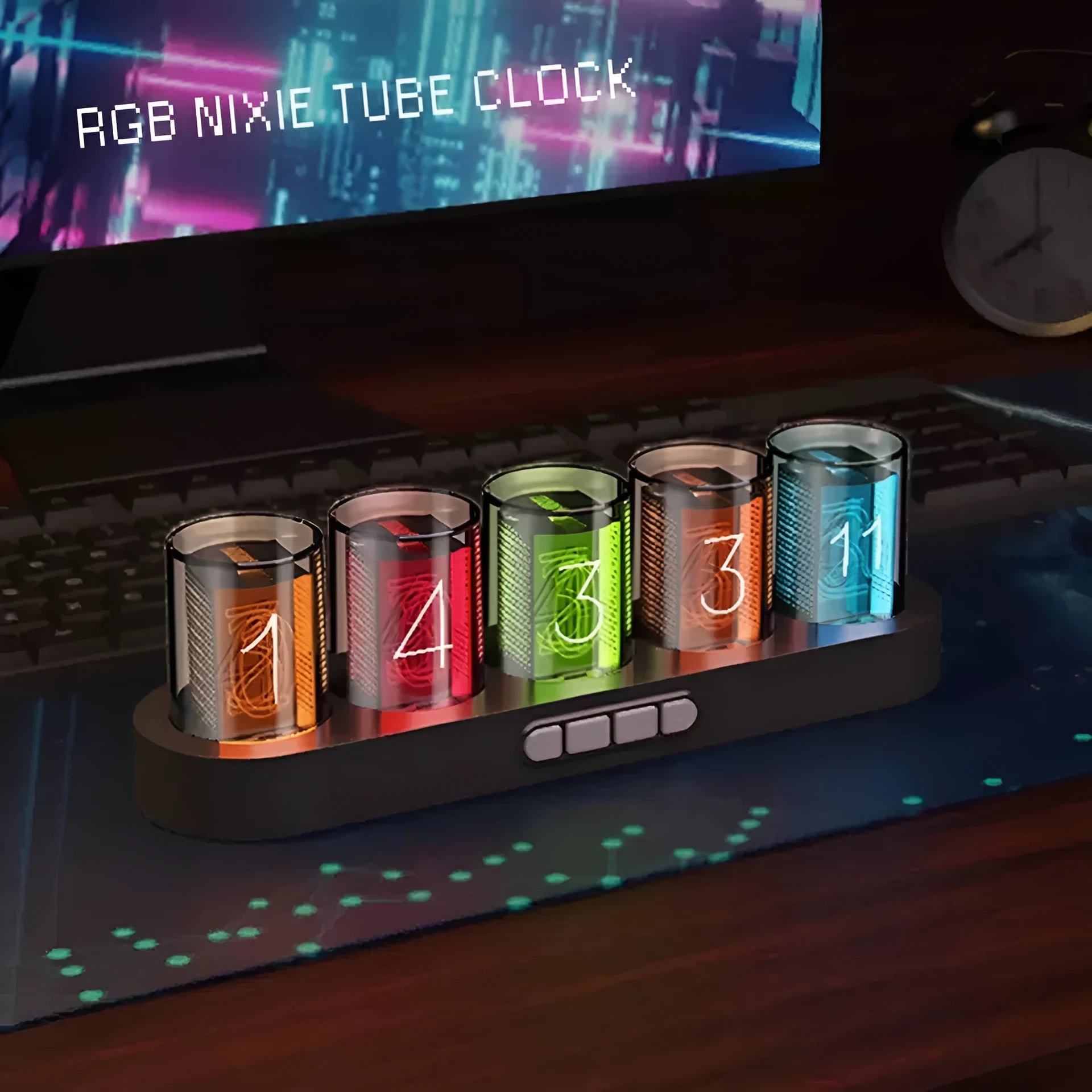 RGB LED digital clock with colourful display showing time, black plastic casing measuring 268mm wide