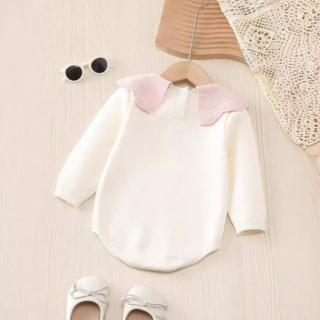 Beige long sleeve knitted triangle jumpsuit romper for baby girls suitable for 73-110cm height