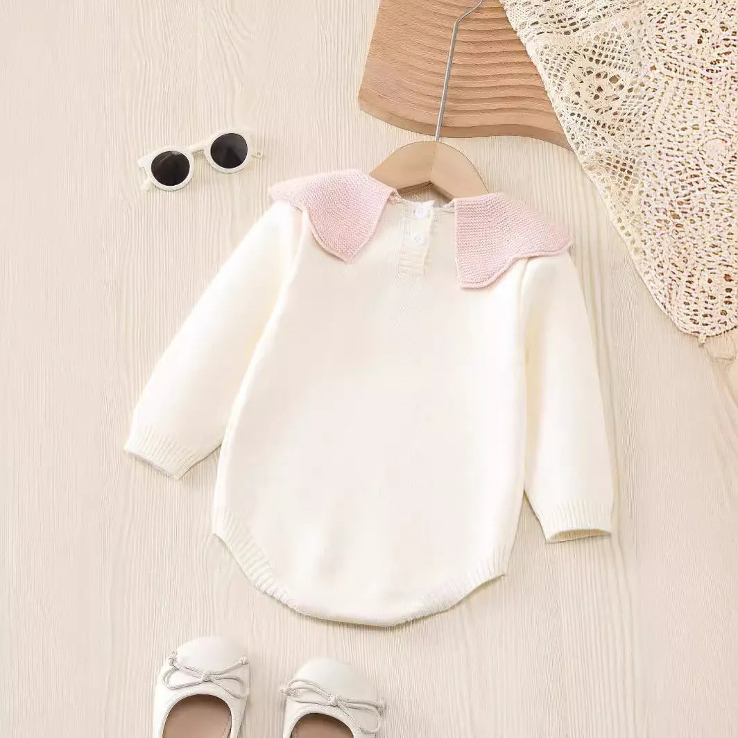 Beige long sleeve knitted triangle jumpsuit romper for baby girls suitable for 73-110cm height