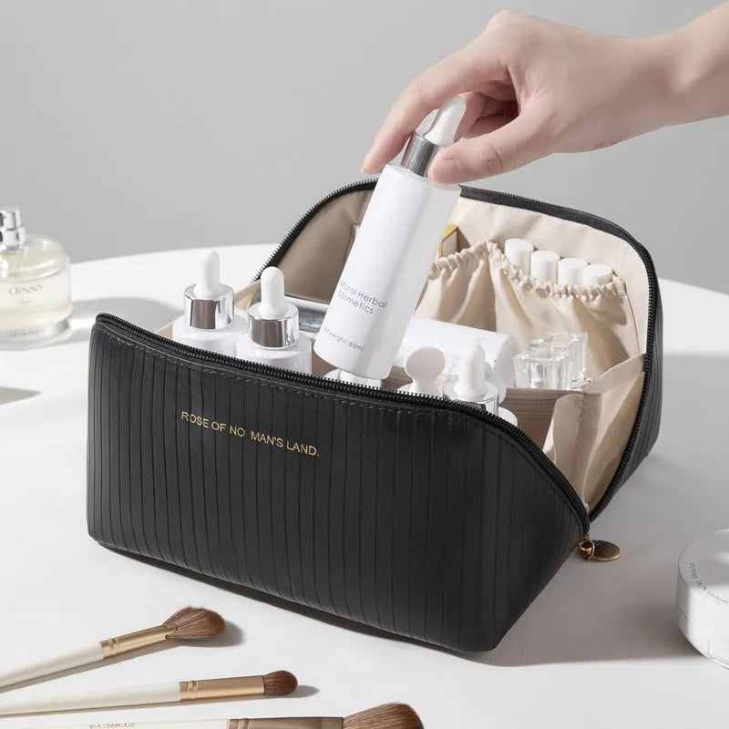 Vertical stripe pattern cubic makeup bag in PU leather measuring 22.5 cm