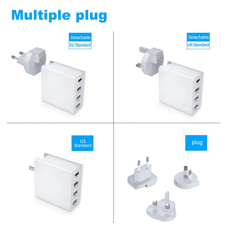 White multi-port fast charger with PD and QC 3.0 showing four USB ports.