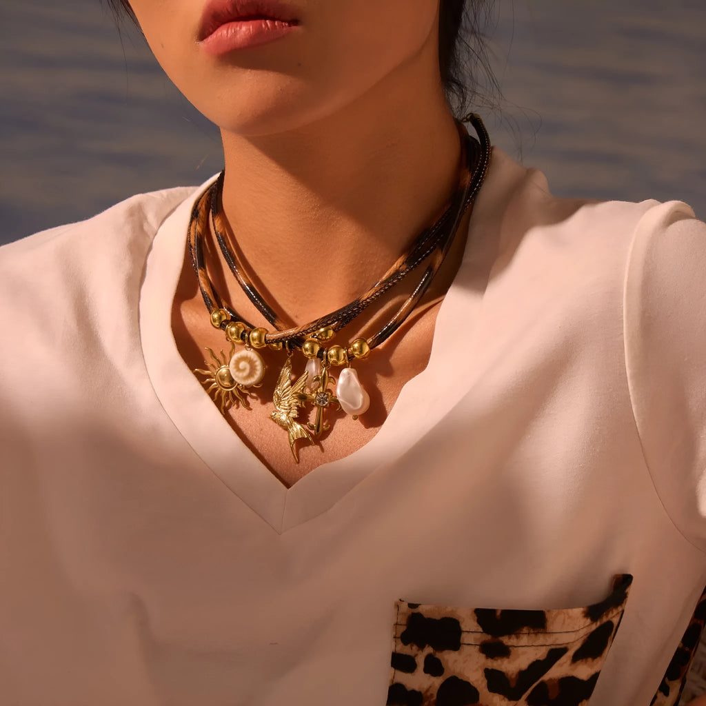 Geometric leopard stainless steel necklace with gold electroplated finish on adjustable 41-50cm chain