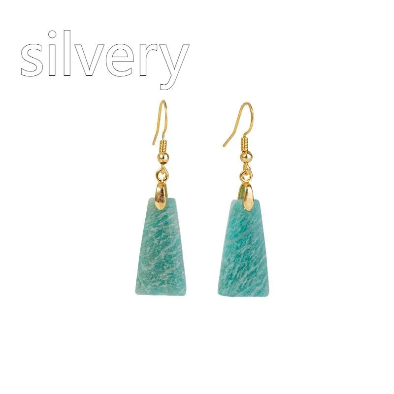 Amazonite rough stone trapezoid earrings with geometric octagon elements in gold and silver colour options
