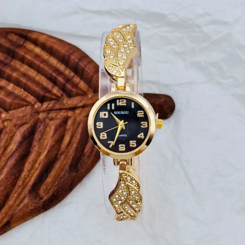 Women's stainless steel watch with round dial in gold, gold white, or black golden surface options