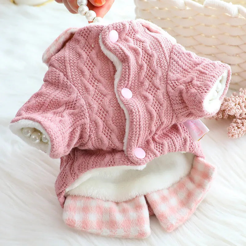 Blue wool plaid dog sweater with fake two pieces design and fleece lining