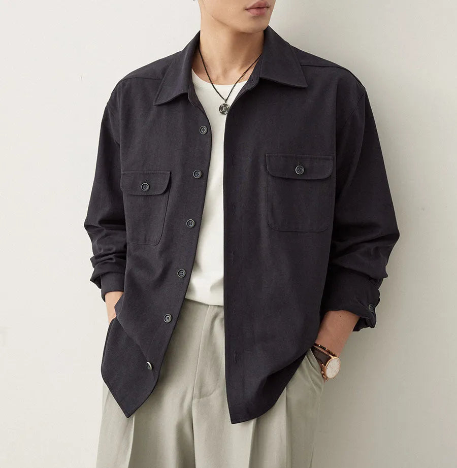Men's cotton blend long sleeve shirt with simple lapel design in light sand rice colour
