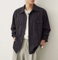 Men's cotton blend long sleeve shirt with simple lapel design in light sand rice colour