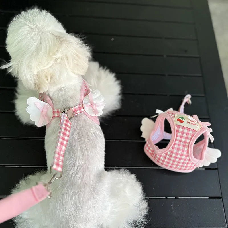 Cotton chest-back dog harness with hand holding rope in pink and black colour options