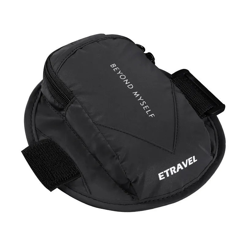 Lightweight reflective running arm bag shown in black, fluorescent yellow, and silver grey colours.