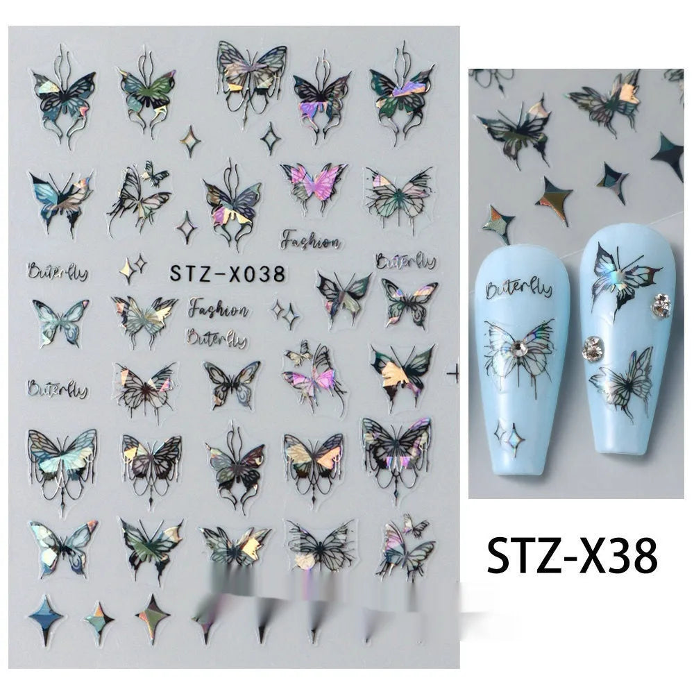 Set of 60 black and silver cartoon pattern nail strip stickers with plastic application patch.