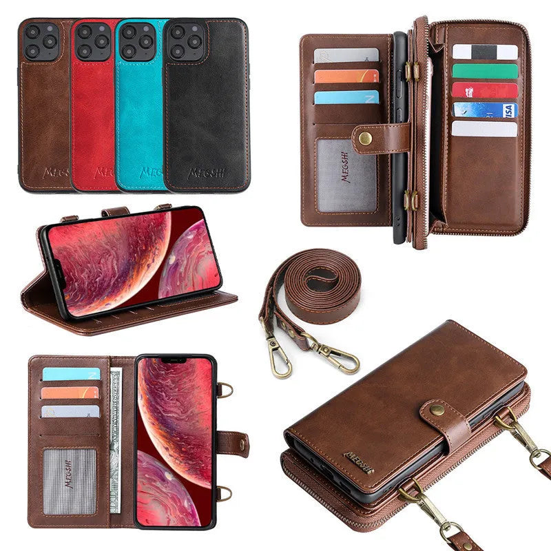 Detachable wallet backpack phone case with leather flip cover in black, blue, brown, or red