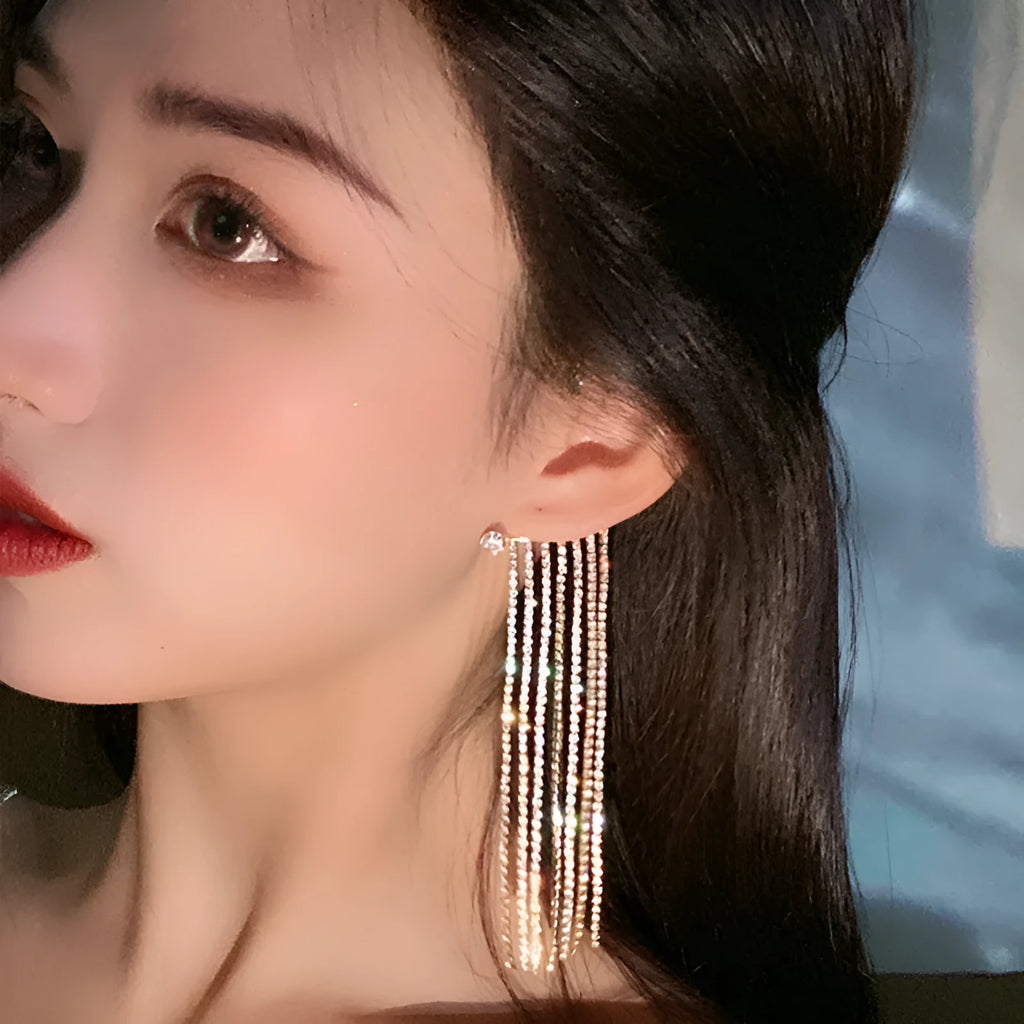 Geometric long tassel earrings 14K real gold plated alloy women's ear hooks