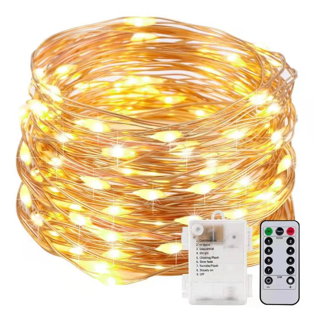 12-metre long copper wire LED string lights with 120 small bulbs, showing yellow, green, blue, and warm white colour options.