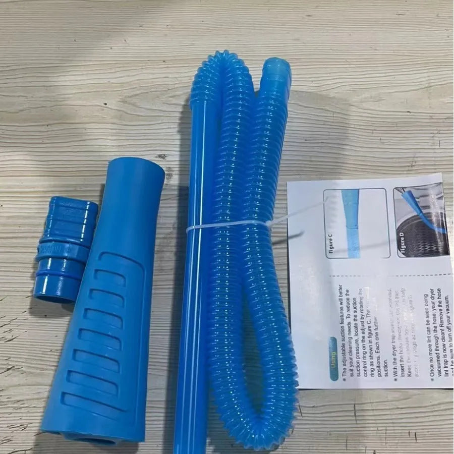 Blue and white plastic suction pipe cleaner with round head, 114 cm long, next to a pack of blue opp bags.