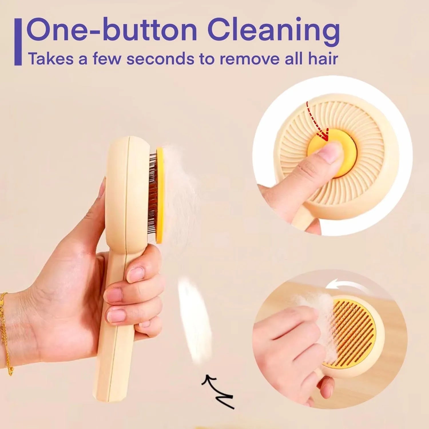 Blue pet grooming brush with angled metal pins and self-cleaning button for dogs and cats