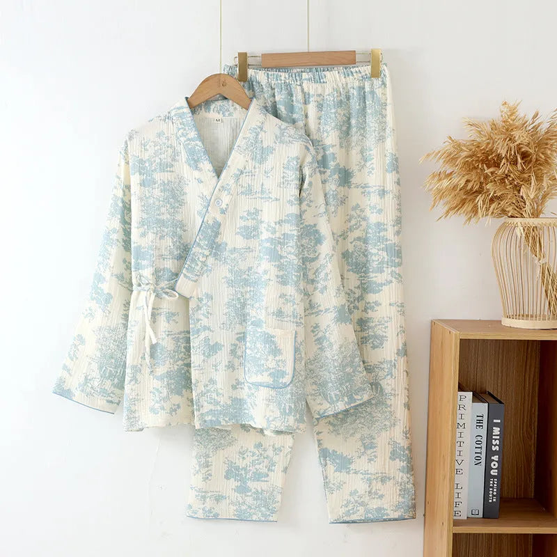 Ladies' pure cotton gauze trouser suit with lace-up detailing in blue frosted pine trees colour