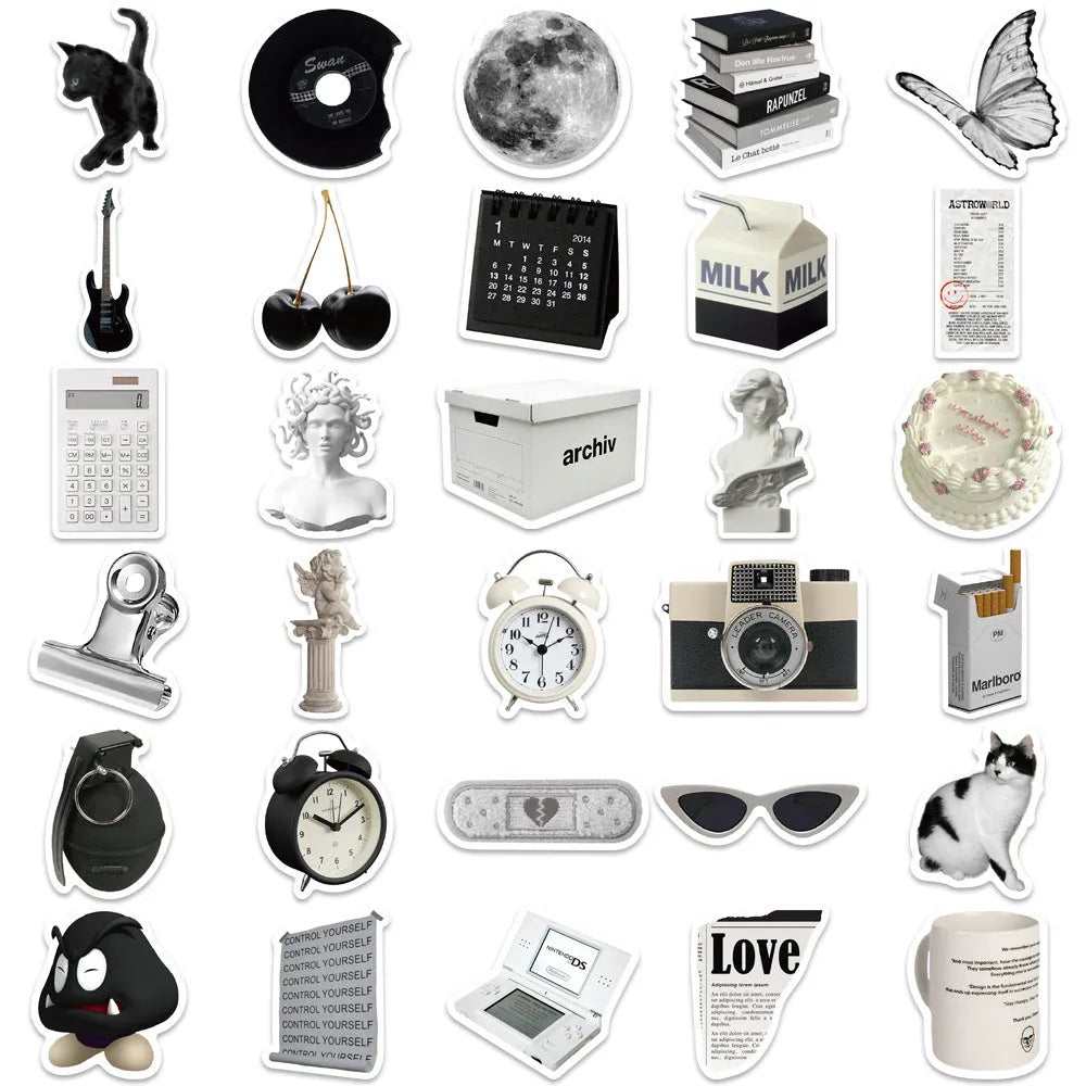 61-piece black and white PVC waterproof stickers for laptops and coffee cup painting