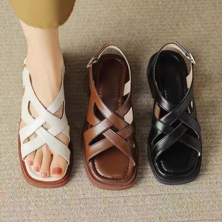 Women's patent leather square-toe sandals in retro style with cross-strap design
