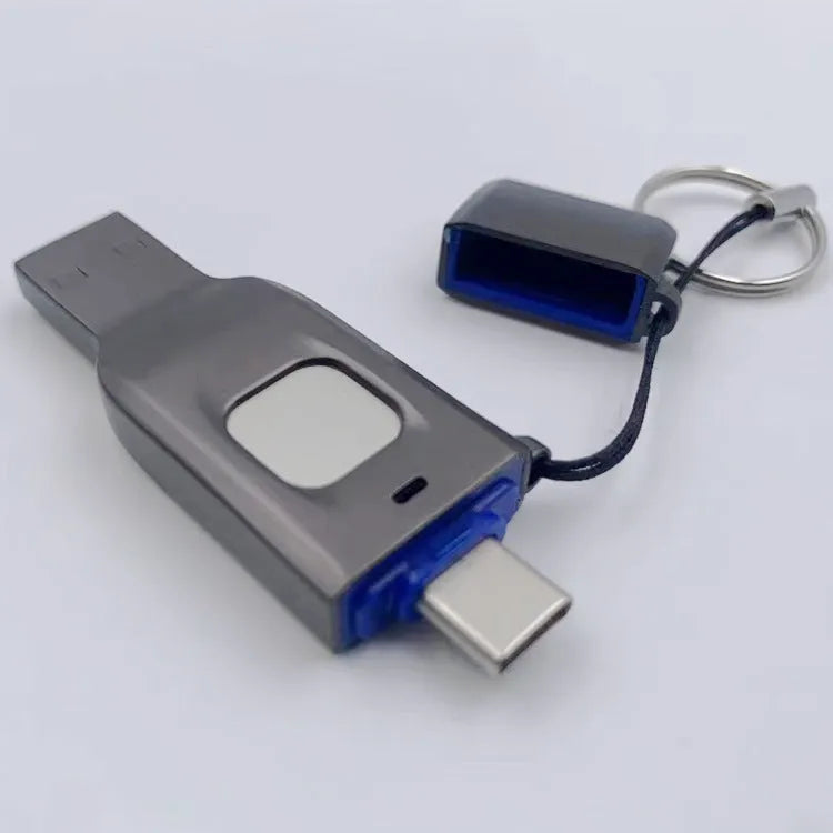 Black fingerprint-encrypted USB flash drive showing USB 3.0 and Type-C connectors