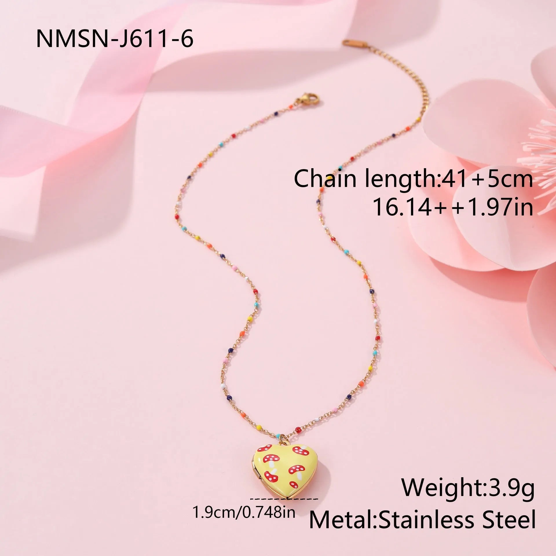 Stainless steel necklace with gold plated heart pendant featuring fruit design on adjustable chain