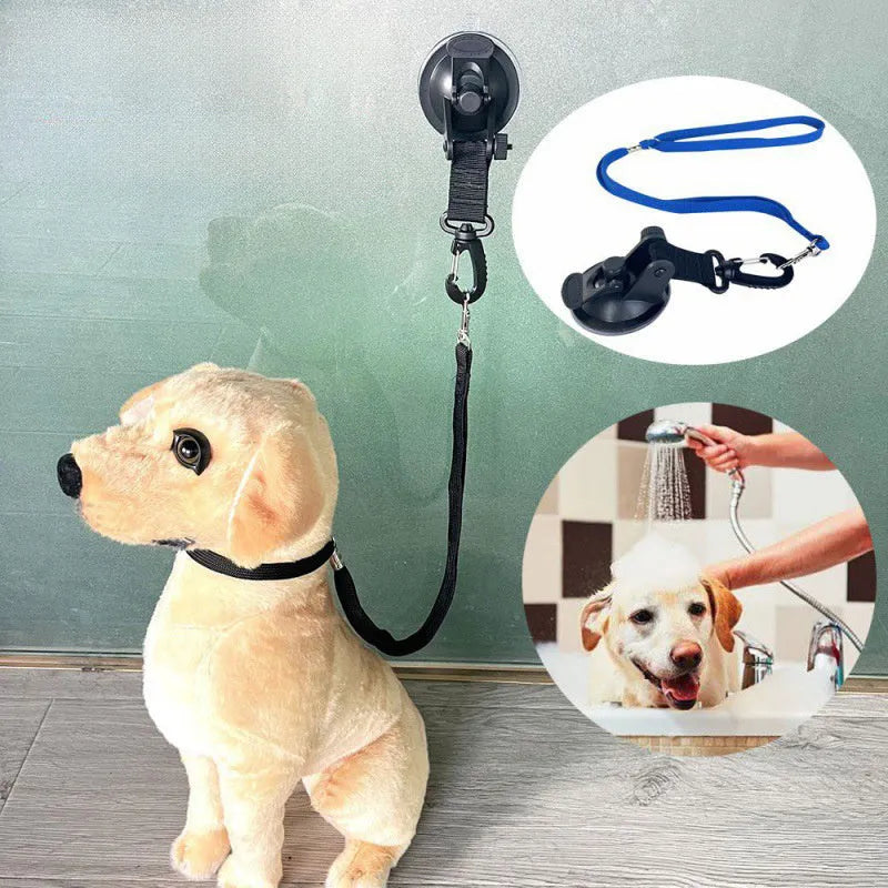 Pet bathing fixed artifact with suction cup handcuffs and traction rope in black colour, showing large and small suction cup sizes