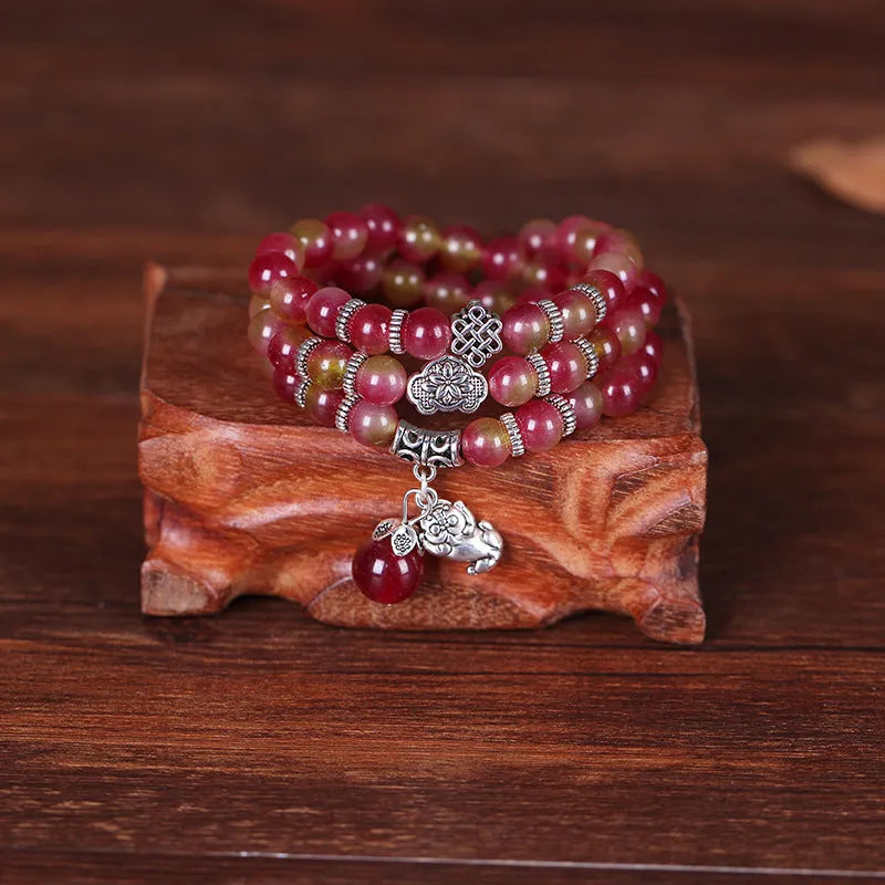 Handmade natural watermelon crystal bracelet with Chinese knot in elephant style geometry design