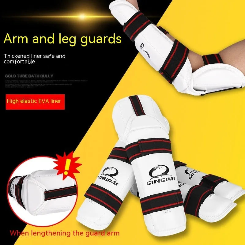 Taekwondo protective gear set showing arm guard, elbow arm guard, and leg protector made from black PU EVA foam.