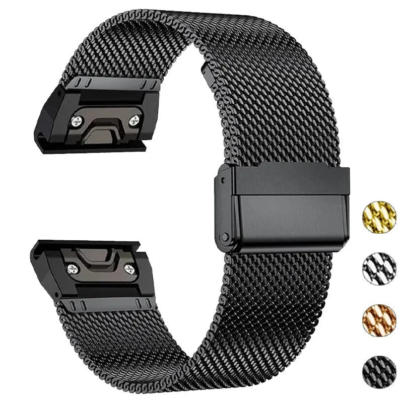 Garmin Fenix stainless steel card strap replacement band in silver colour showing watch attachment mechanism
