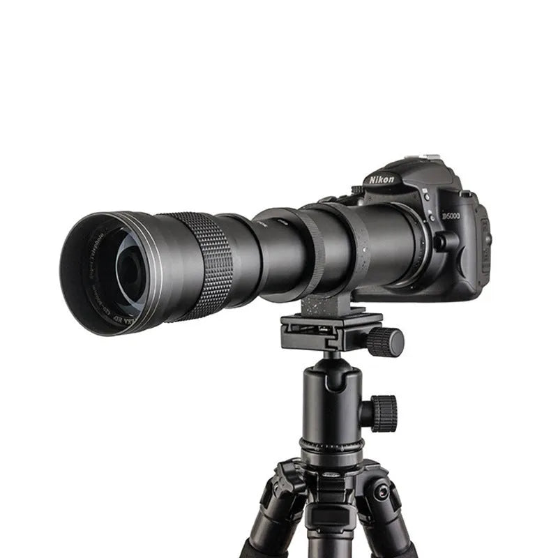 420-800mm manual telephoto zoom camera lens with T-mount adapter shown at full extension