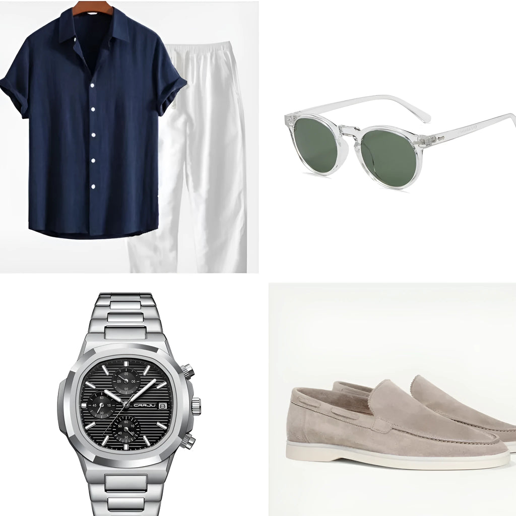 Men's casual cotton linen beachwear suit with half sleeve shirt and matching shorts