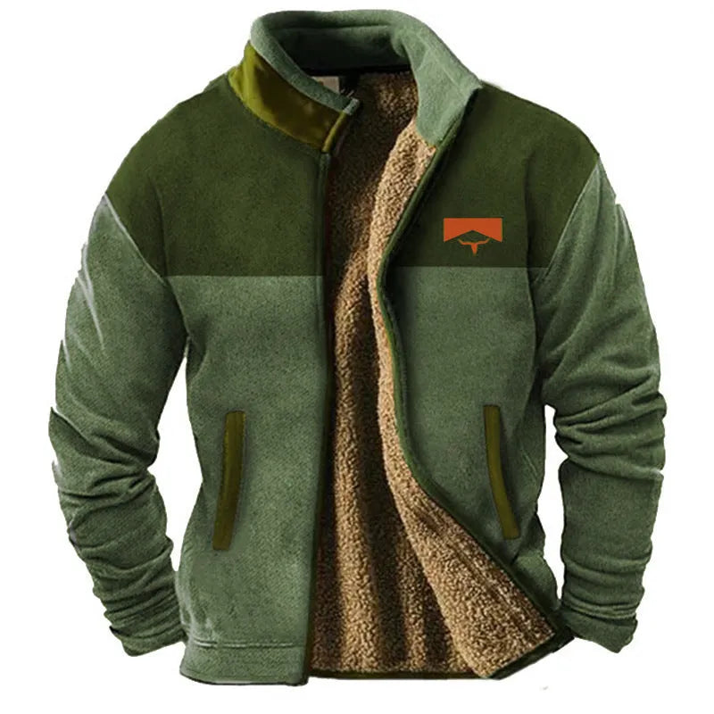 Men's green polyester fleece padded coat shown on a hanger, regular length.