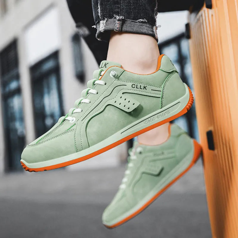 Men's anti-skid slip-on flat skateboard shoes with artificial PU upper, mesh lining, and front lace closure in green colour