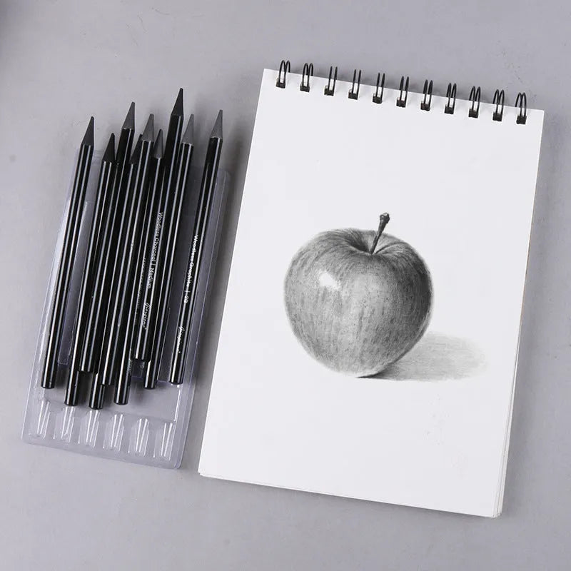 Set of nine wooden drawing pencils with six graphite and three carbonized pencils on suction card packaging