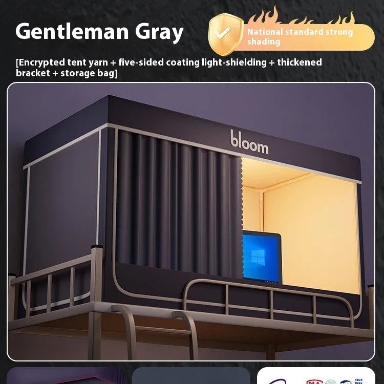 Grey integrated bed curtain and mosquito net installed on an upper bunk bed frame.