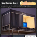 Grey integrated bed curtain and mosquito net installed on an upper bunk bed frame.