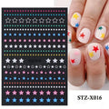 Set of 60 black and silver cartoon pattern nail strip stickers with plastic application patch.
