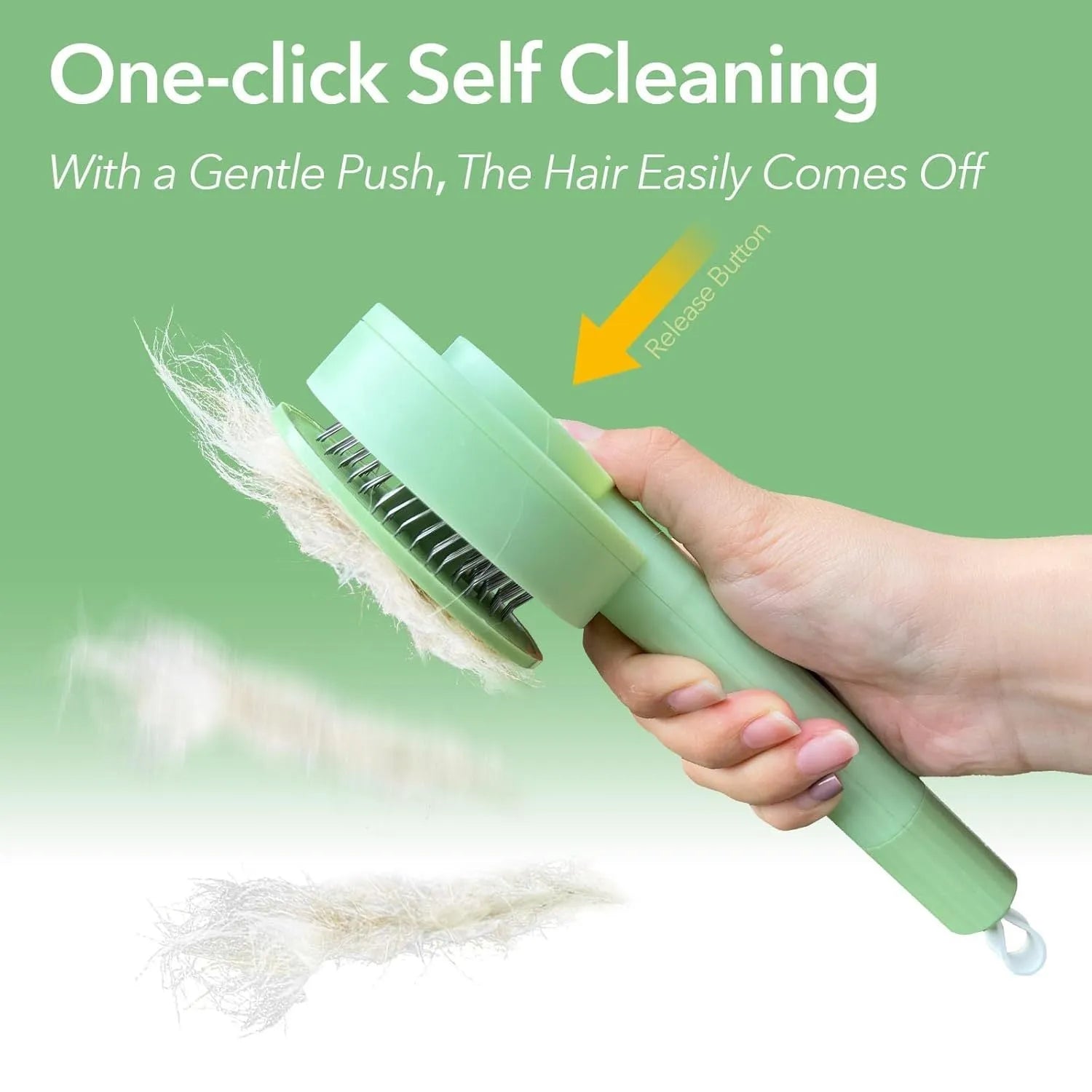 Green pet grooming brush with stainless steel teeth for deshedding cats and dogs