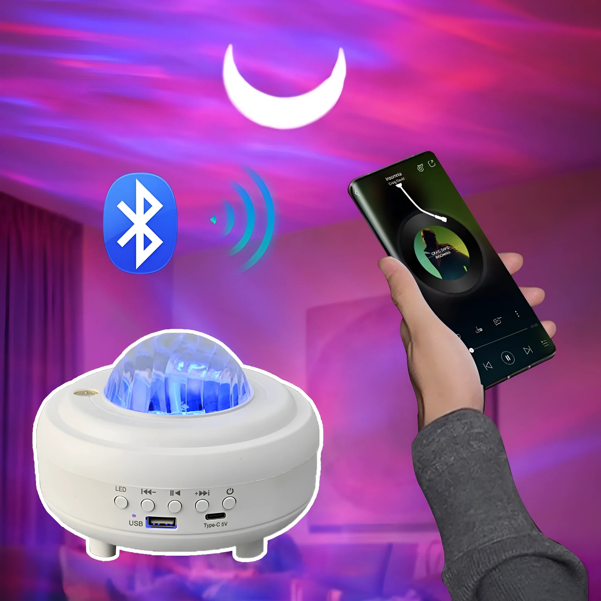 White galaxy star projector night light projecting starry sky patterns with Bluetooth speaker