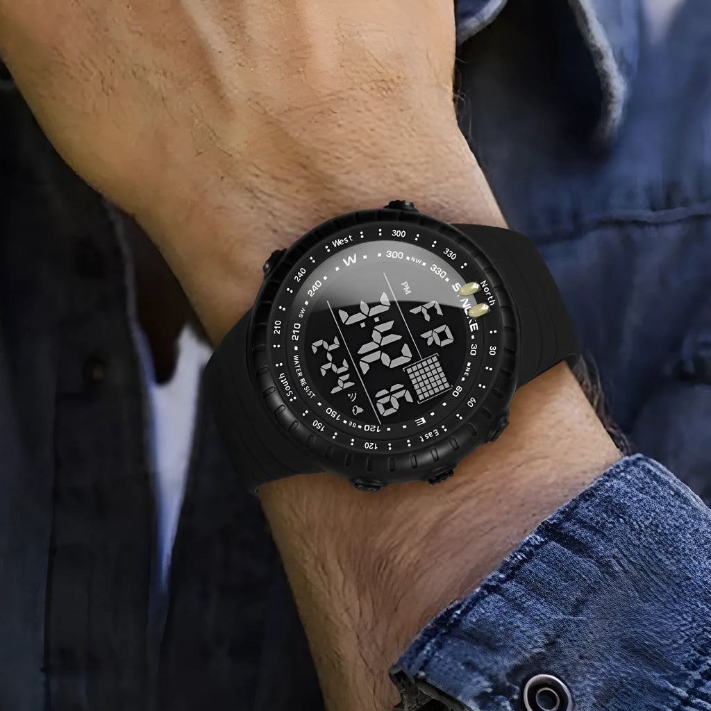 Black men's outdoor electronic watch with large dial and adjustable PU strap
