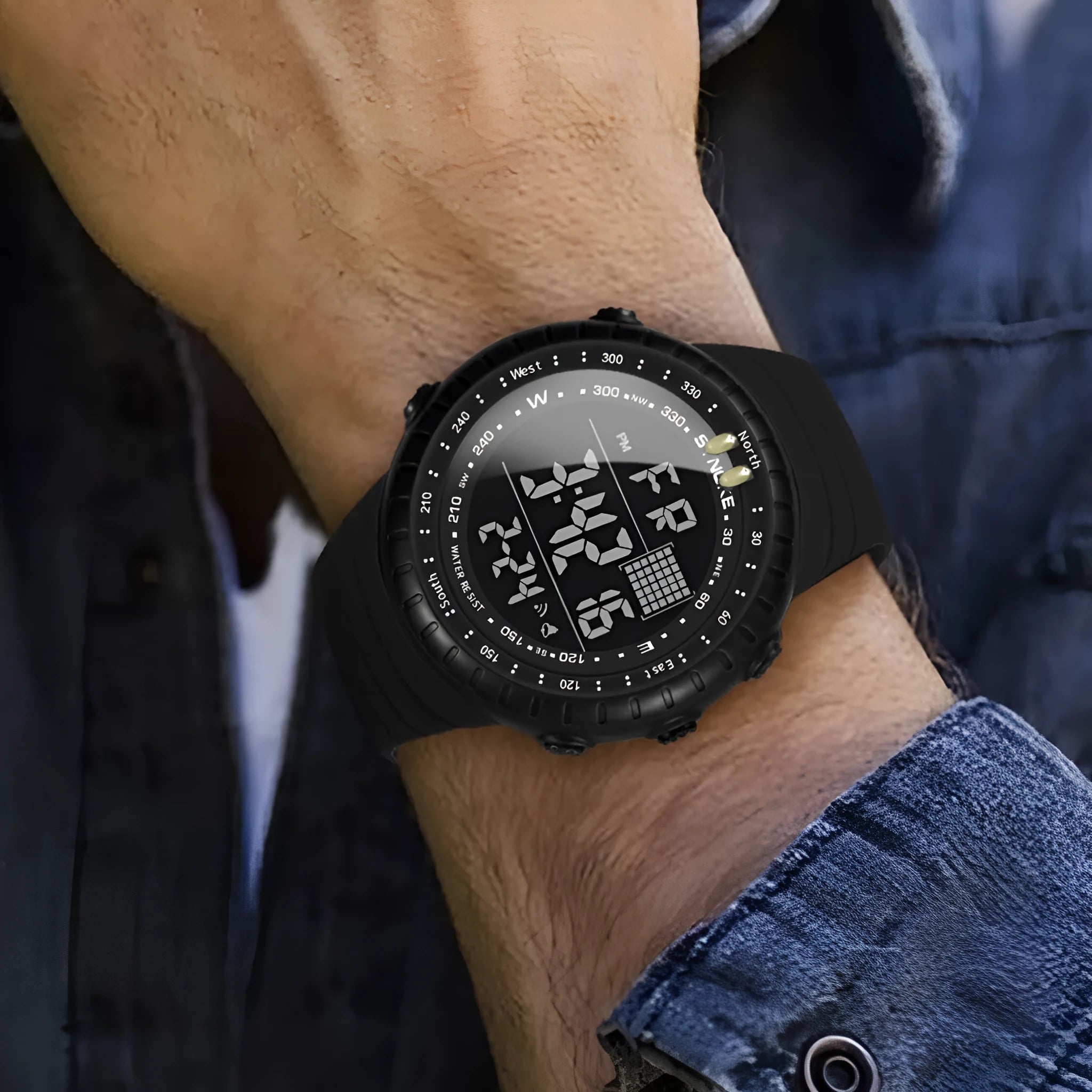 Black men's outdoor electronic watch with large dial and adjustable PU strap