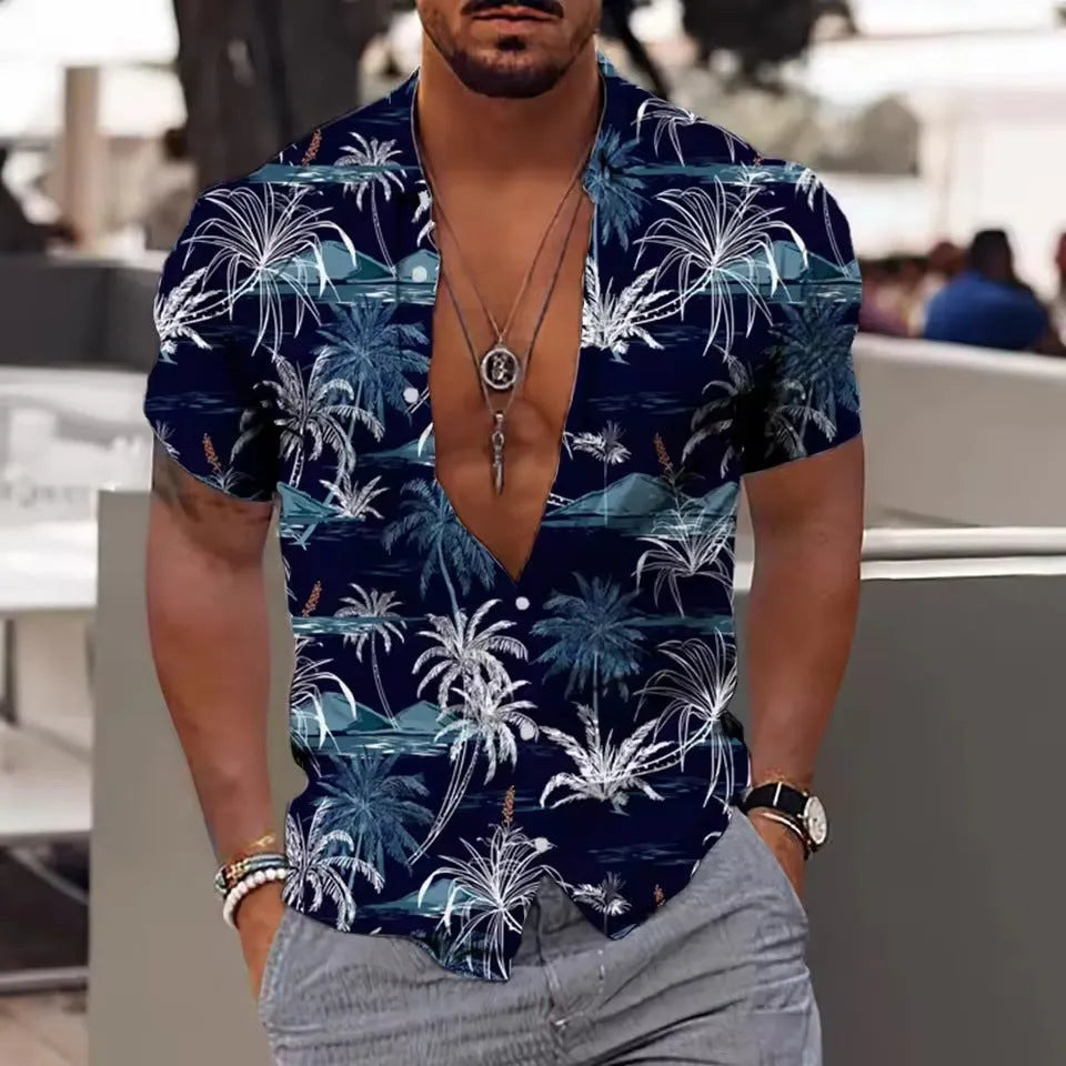 Men's floral printed short sleeve shirt in loose cardigan style for summer beach wear