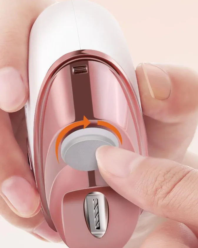 Blue electric nail clipper and polish two-in-one grooming tool with cleaning brush and USB cable